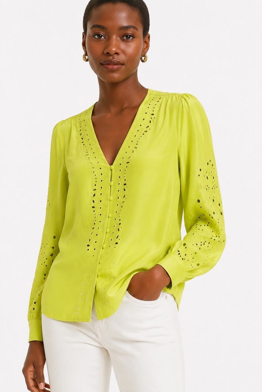 Veronica Beard Lime Green Silk Eyelet Blouse Embroidered V Neck Size 0